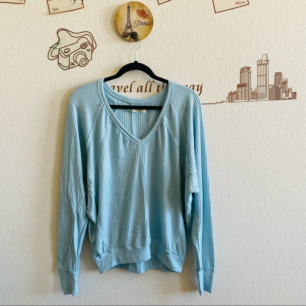 Free People We The Free Blue Ribbed Detail Long Sleeve Knit V-Neck Top Small
